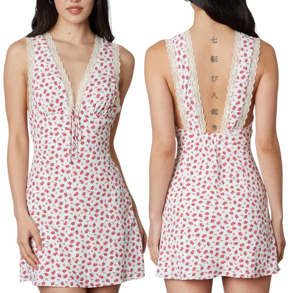 Isalis Floral Lace Trim Mini Dress Sz L Red‎ Cream Cottagecore Milkmaid Coquette
